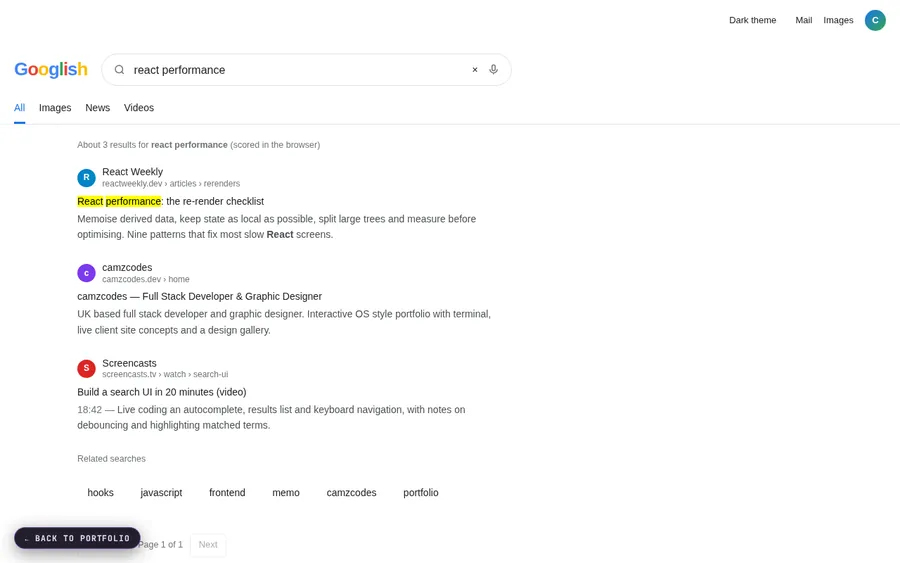 GOOGLISH, GOOGLE CLONE interface preview